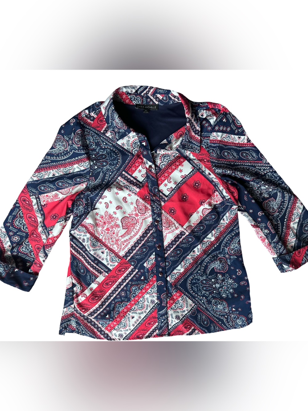 Sara Michelle Women's Paisley Patchwork Blouse - Navy / Red / White